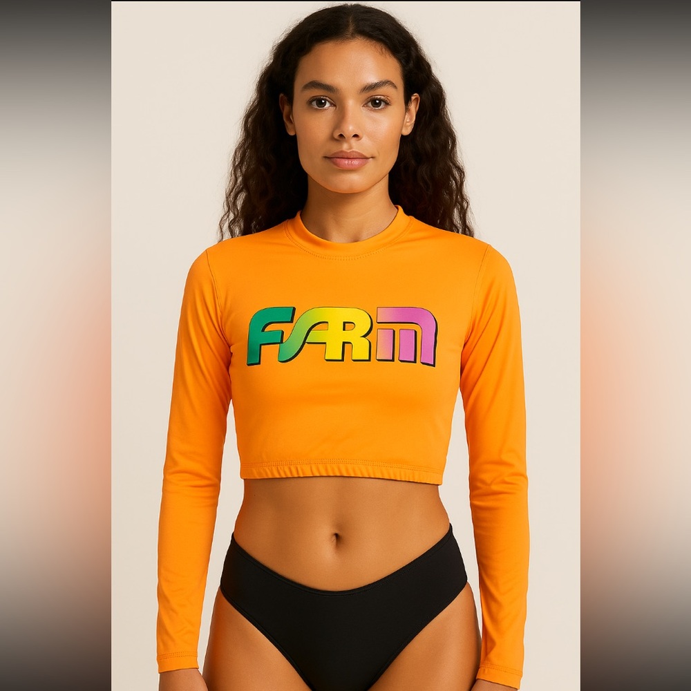 FARM RIO swim cropped long sleeve rashguard top back zip S swimsuit bikini